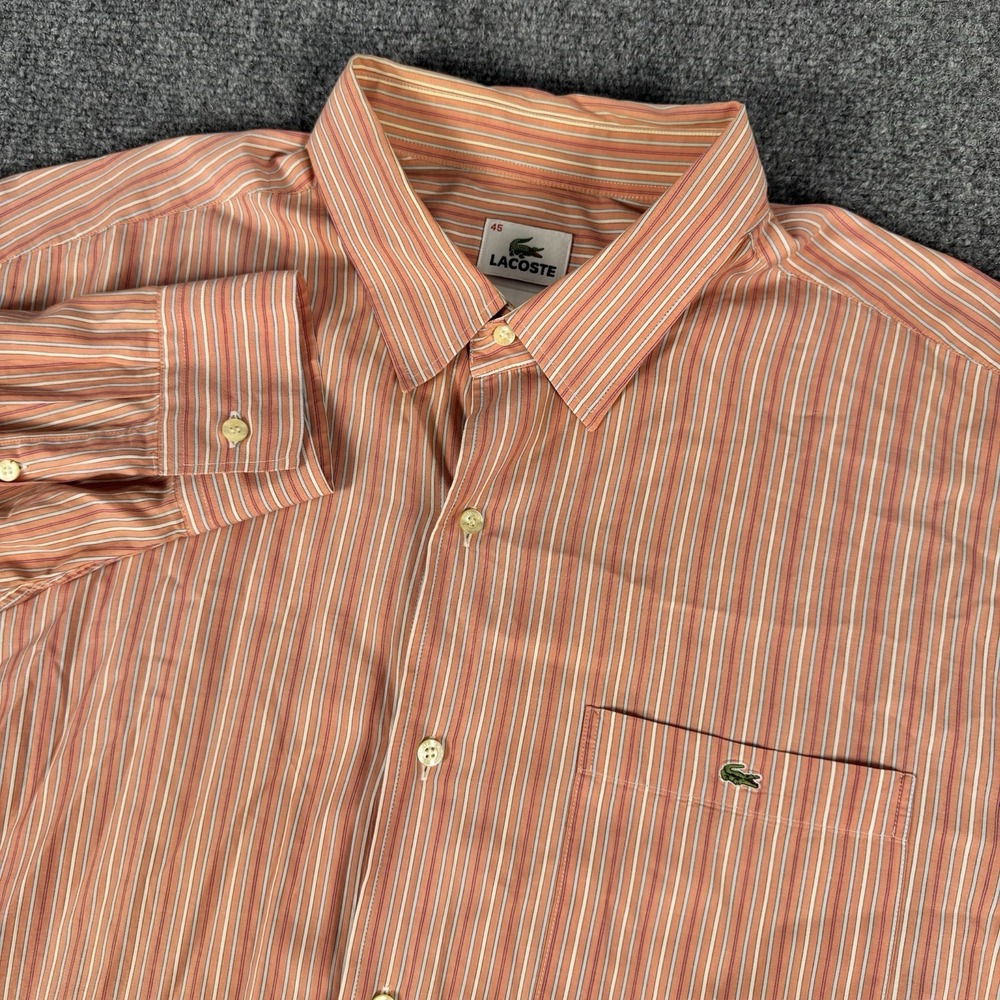 Lacoste Mens Shirt Size XL Peach Logo Embroidered Striped Long Sleeve Pocket 45